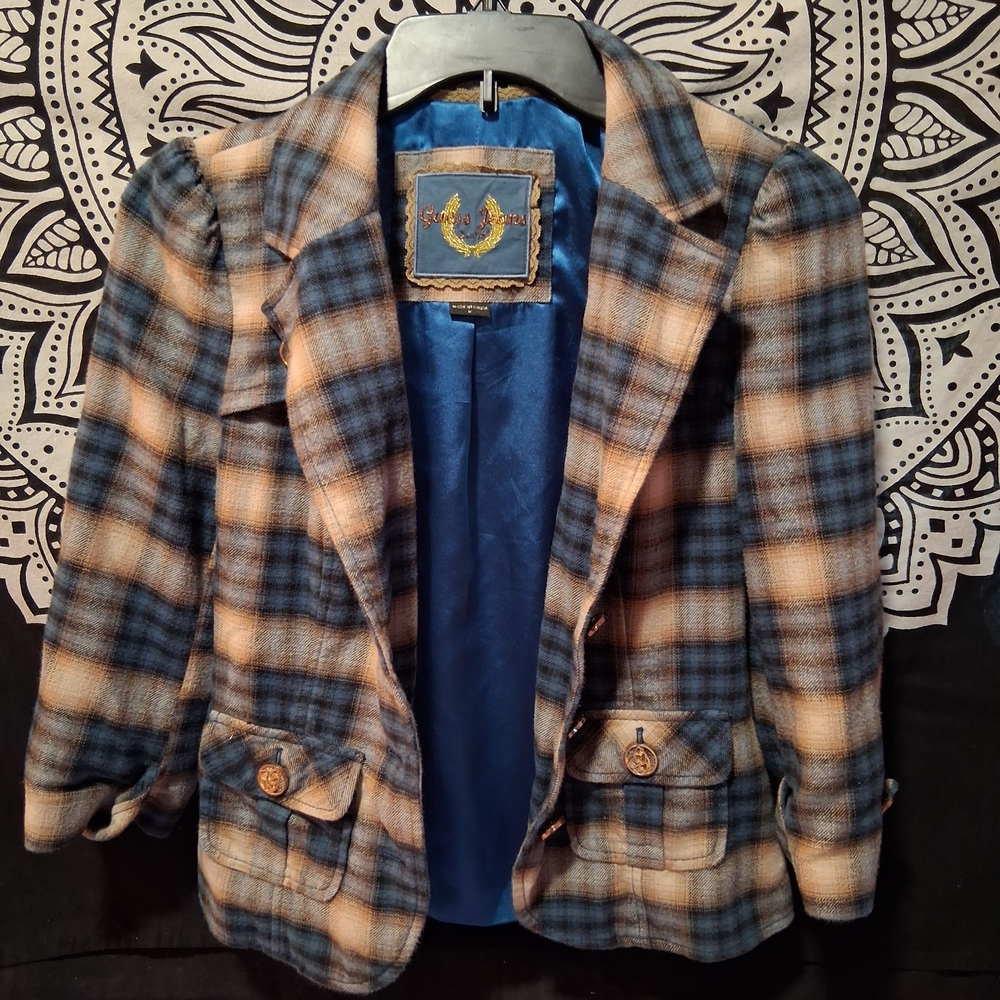Guess Navy and Beige Checkered Blazer